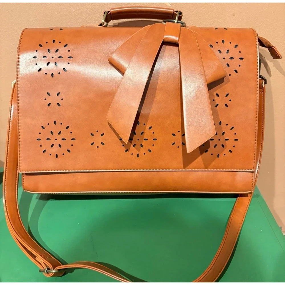 ECOSUSI Laser Cut Bow Laptop Satchel Crossbody Bag Cognac Brown NWOT